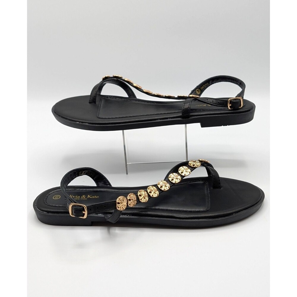 Olivia & Kate Sandals 8.5 Black Gold Flat Toe Ring Slide Adjustable Strap